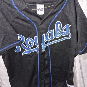 Majestic Royals Black and Blue Button-Front Baseball Jersey